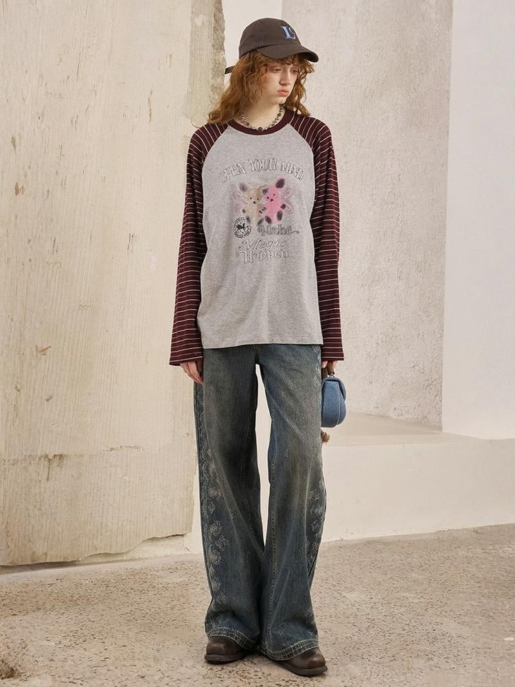 Two Bear Print Thin Striped Long Sleeve Loose T-Shirt【s0000013777】