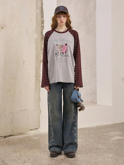 Two Bear Print Thin Striped Long Sleeve Loose T-Shirt【s0000013777】