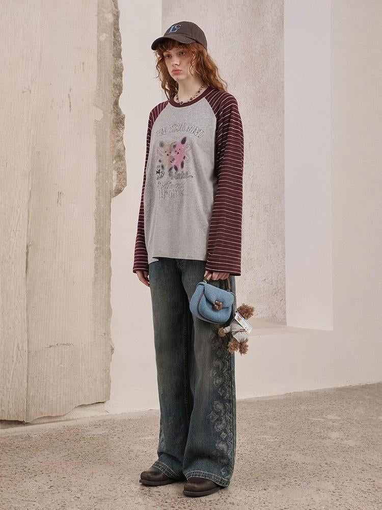 Two Bear Print Thin Striped Long Sleeve Loose T-Shirt【s0000013777】