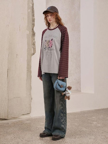 Two Bear Print Thin Striped Long Sleeve Loose T-Shirt【s0000013777】
