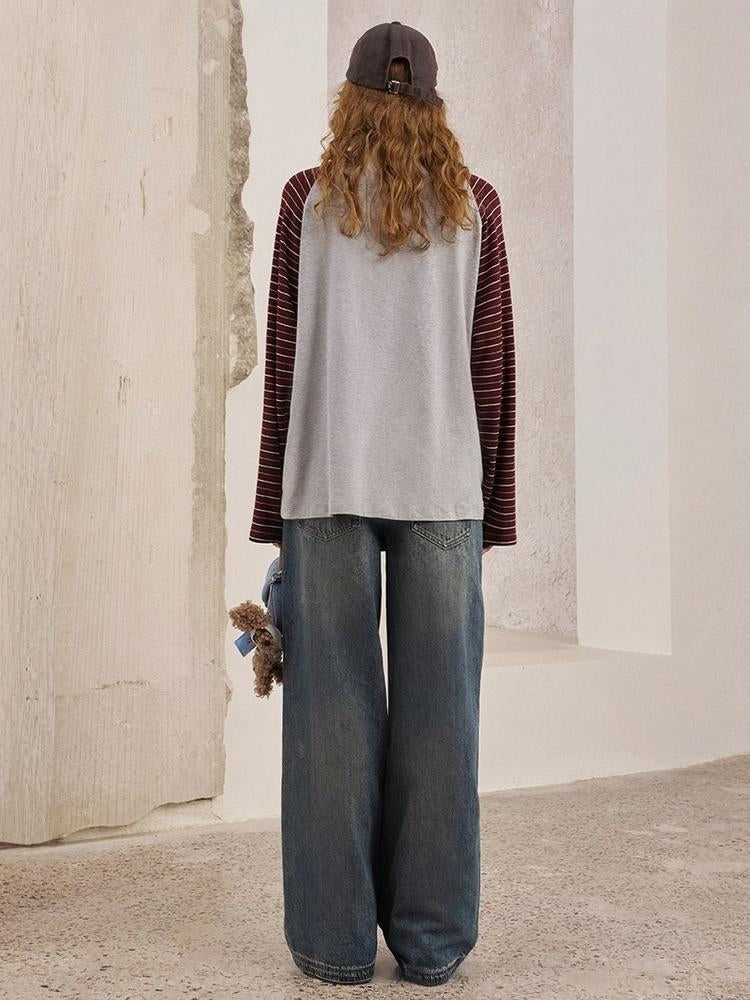 Two Bear Print Thin Striped Long Sleeve Loose T-Shirt【s0000013777】