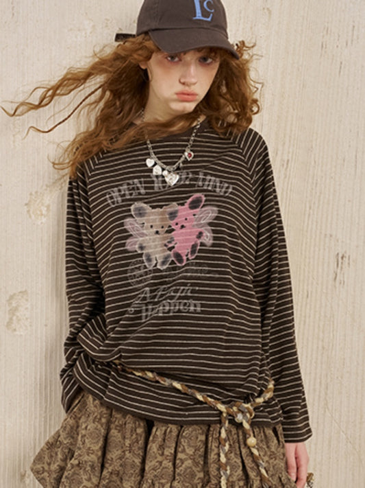 Two Bear Print Thin Striped Long Sleeve Loose T-Shirt【s0000013777】