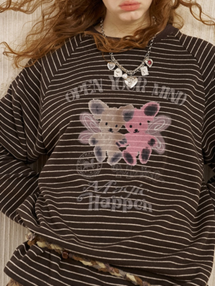 Two Bear Print Thin Striped Long Sleeve Loose T-Shirt【s0000013777】