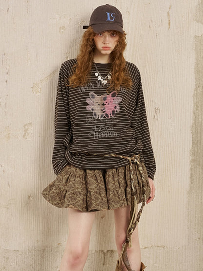 Two Bear Print Thin Striped Long Sleeve Loose T-Shirt【s0000013777】