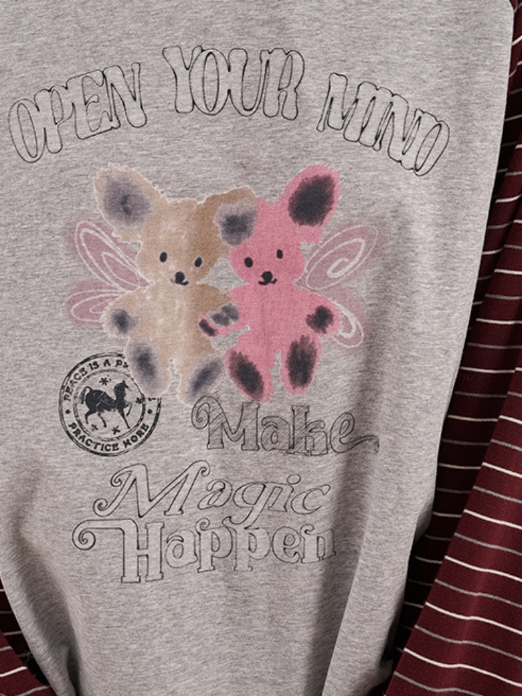 Two Bear Print Thin Striped Long Sleeve Loose T-Shirt【s0000013777】