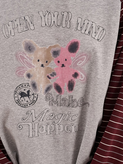 Two Bear Print Thin Striped Long Sleeve Loose T-Shirt【s0000013777】