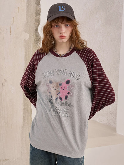Two Bear Print Thin Striped Long Sleeve Loose T-Shirt【s0000013777】
