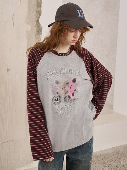 Two Bear Print Thin Striped Long Sleeve Loose T-Shirt【s0000013777】