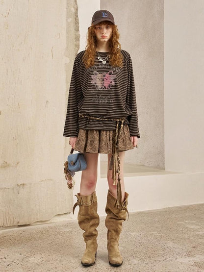 Two Bear Print Thin Striped Long Sleeve Loose T-Shirt【s0000013777】