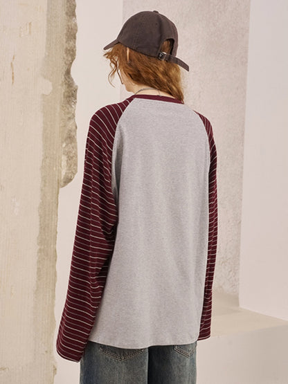 Two Bear Print Thin Striped Long Sleeve Loose T-Shirt【s0000013777】