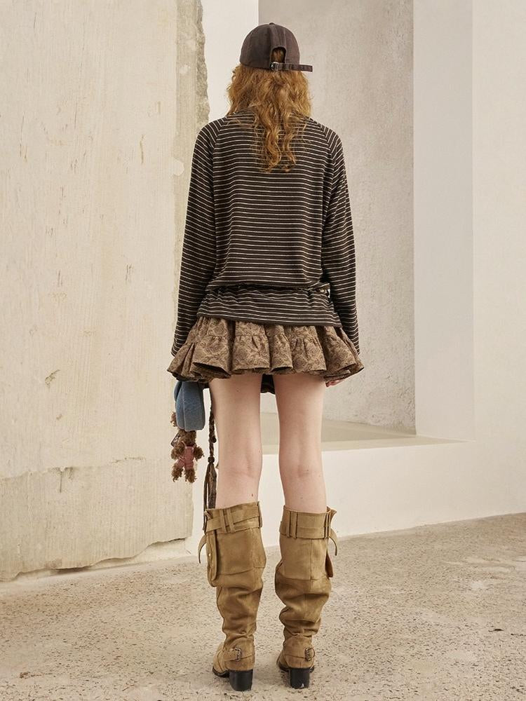 Two Bear Print Thin Striped Long Sleeve Loose T-Shirt【s0000013777】