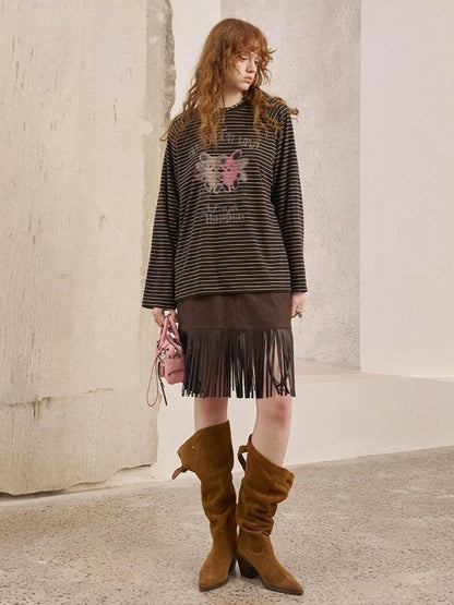 Two Bear Print Thin Striped Long Sleeve Loose T-Shirt【s0000013777】