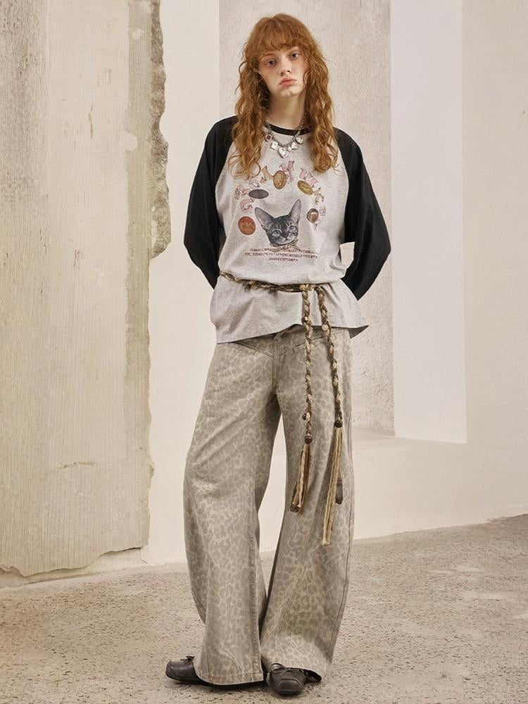 Gold Coin Cat Contrasting Loose Crew Neck Raglan Sleeve T-Shirt【s0000013778】