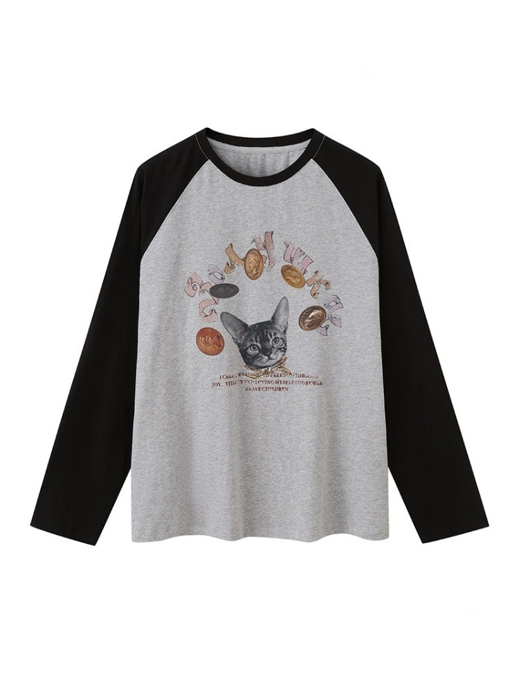 Gold Coin Cat Contrasting Loose Crew Neck Raglan Sleeve T-Shirt【s0000013778】