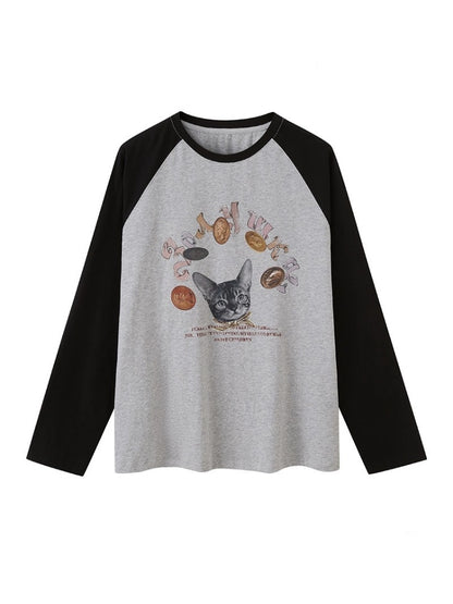 Gold Coin Cat Contrasting Loose Crew Neck Raglan Sleeve T-Shirt【s0000013778】