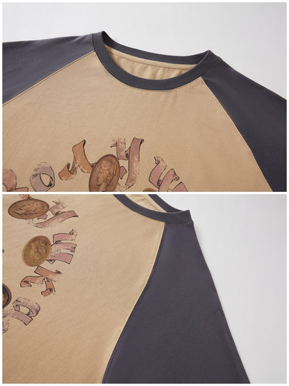 Gold Coin Cat Contrasting Loose Crew Neck Raglan Sleeve T-Shirt【s0000013778】