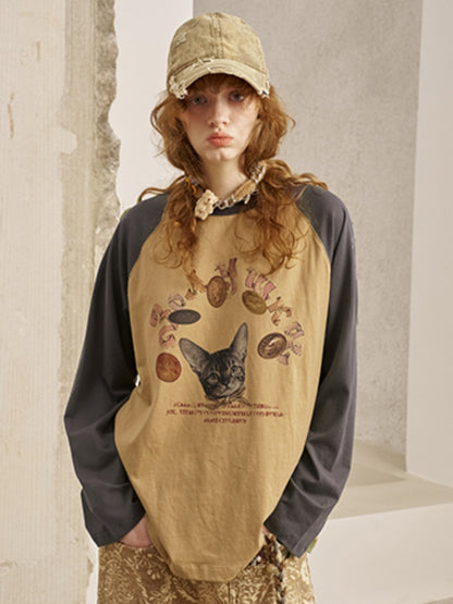 Gold Coin Cat Contrasting Loose Crew Neck Raglan Sleeve T-Shirt【s0000013778】