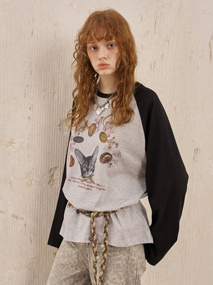 Gold Coin Cat Contrasting Loose Crew Neck Raglan Sleeve T-Shirt【s0000013778】