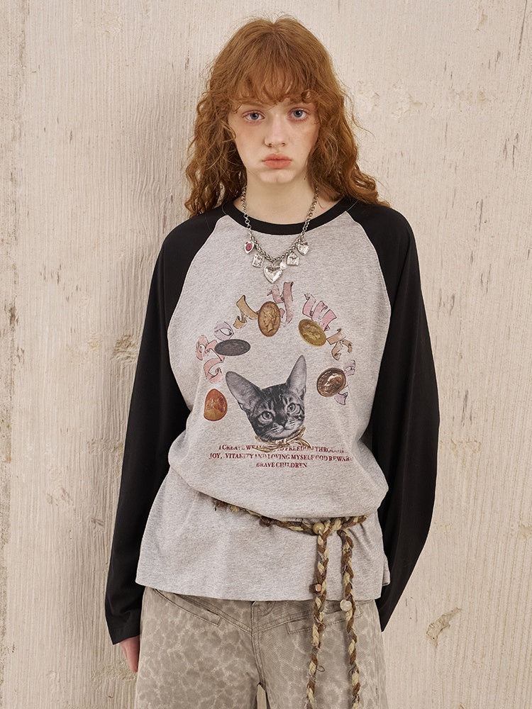 Gold Coin Cat Contrasting Loose Crew Neck Raglan Sleeve T-Shirt【s0000013778】