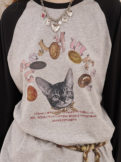 Gold Coin Cat Contrasting Loose Crew Neck Raglan Sleeve T-Shirt【s0000013778】