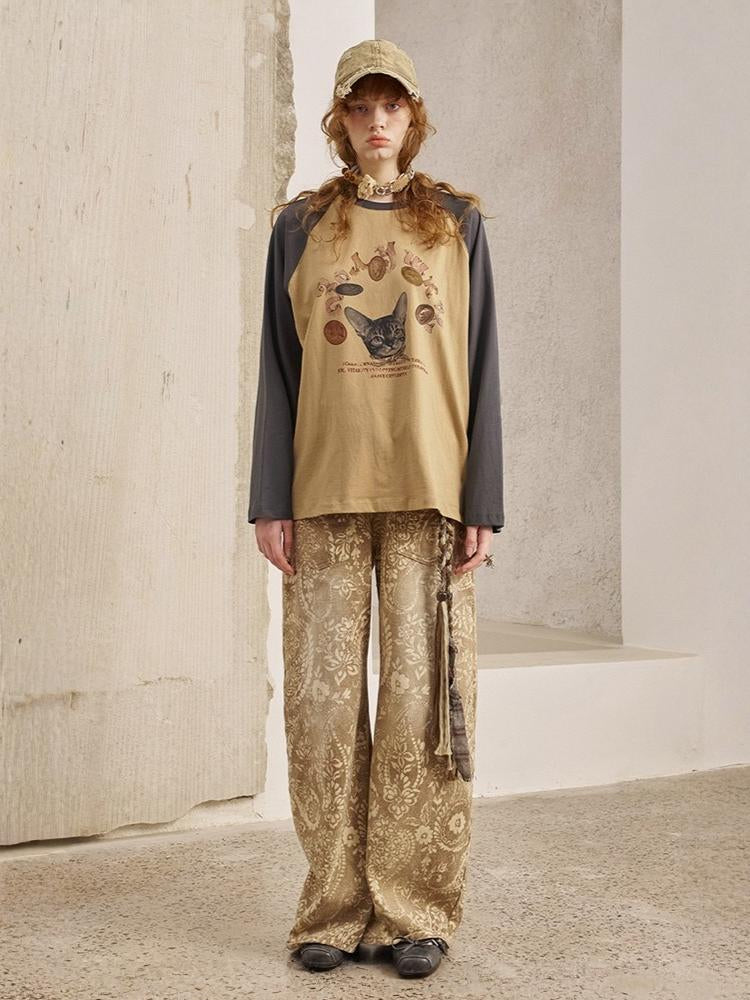 Gold Coin Cat Contrasting Loose Crew Neck Raglan Sleeve T-Shirt【s0000013778】
