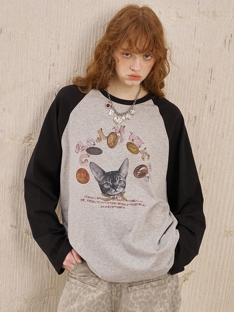 Gold Coin Cat Contrasting Loose Crew Neck Raglan Sleeve T-Shirt【s0000013778】