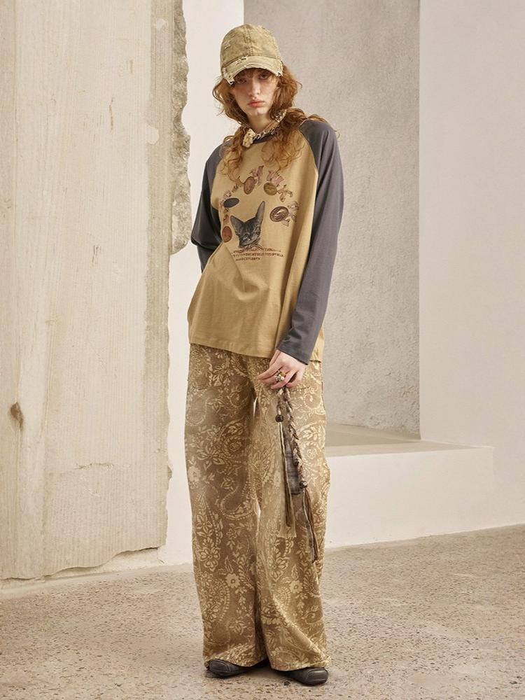 Gold Coin Cat Contrasting Loose Crew Neck Raglan Sleeve T-Shirt【s0000013778】