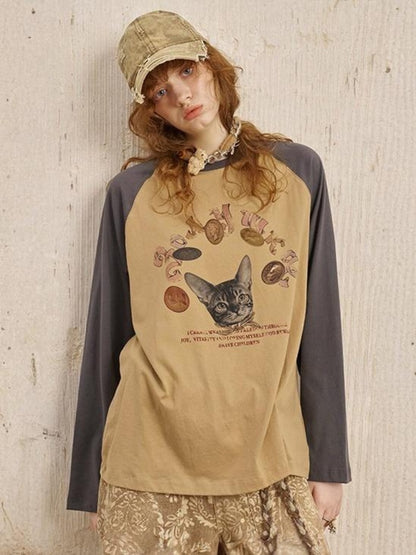 Gold Coin Cat Contrasting Loose Crew Neck Raglan Sleeve T-Shirt【s0000013778】