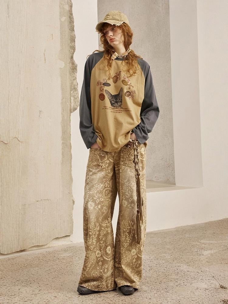 Gold Coin Cat Contrasting Loose Crew Neck Raglan Sleeve T-Shirt【s0000013778】