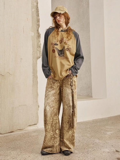 Gold Coin Cat Contrasting Loose Crew Neck Raglan Sleeve T-Shirt【s0000013778】