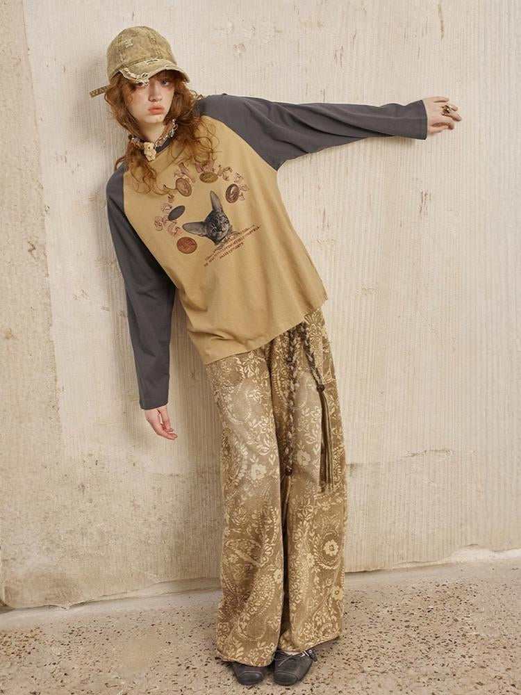 Gold Coin Cat Contrasting Loose Crew Neck Raglan Sleeve T-Shirt【s0000013778】