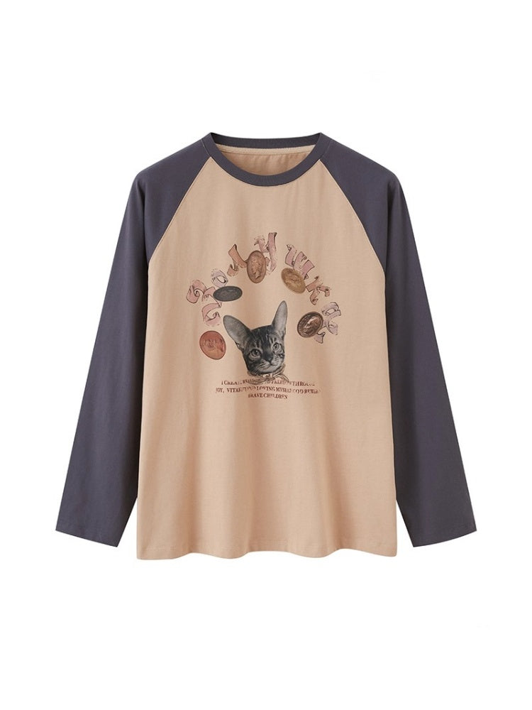 Gold Coin Cat Contrasting Loose Crew Neck Raglan Sleeve T-Shirt【s0000013778】