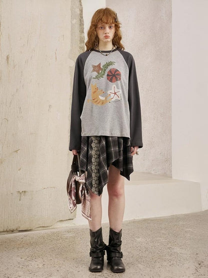 Ocean Floating Kitten Print Thin Raglan Sleeve Contrasting Loose T-Shirt【s0000013779】