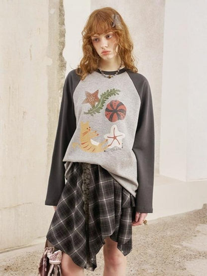 Ocean Floating Kitten Print Thin Raglan Sleeve Contrasting Loose T-Shirt【s0000013779】