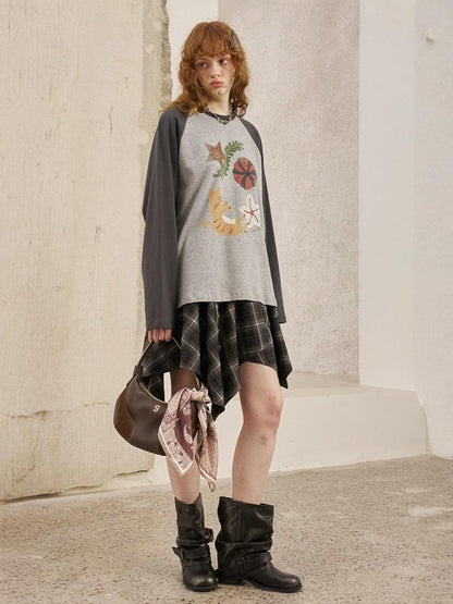 Ocean Floating Kitten Print Thin Raglan Sleeve Contrasting Loose T-Shirt【s0000013779】