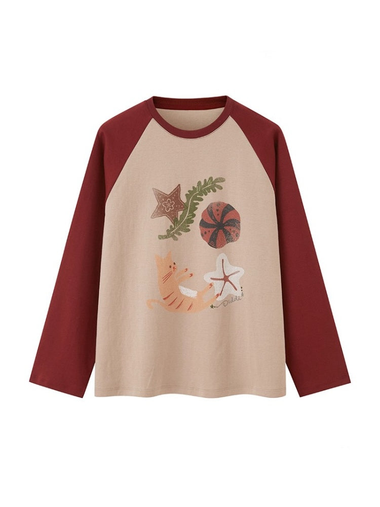 Ocean Floating Kitten Print Thin Raglan Sleeve Contrasting Loose T-Shirt【s0000013779】