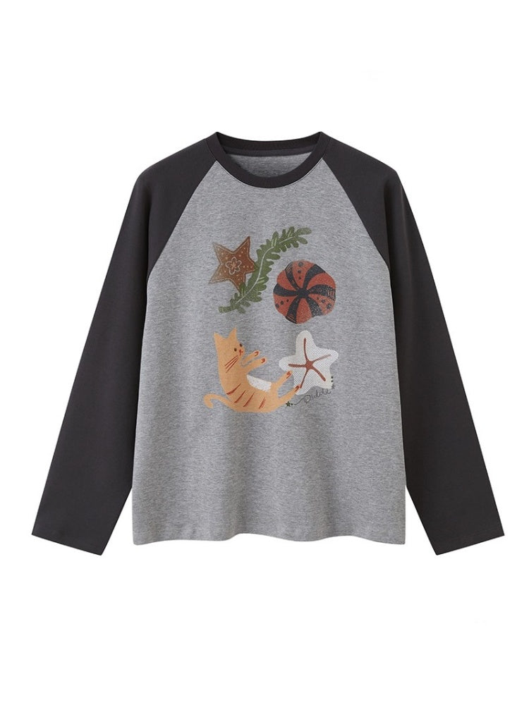Ocean Floating Kitten Print Thin Raglan Sleeve Contrasting Loose T-Shirt【s0000013779】