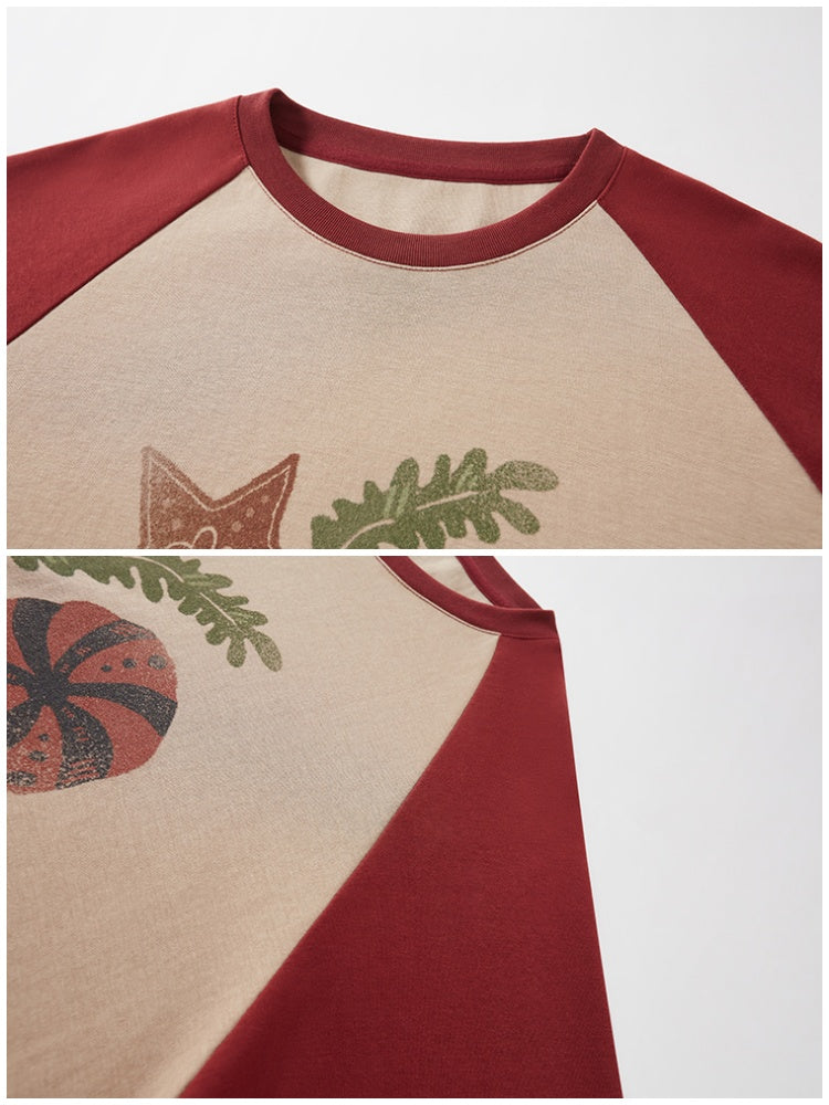 Ocean Floating Kitten Print Thin Raglan Sleeve Contrasting Loose T-Shirt【s0000013779】