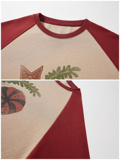 Ocean Floating Kitten Print Thin Raglan Sleeve Contrasting Loose T-Shirt【s0000013779】