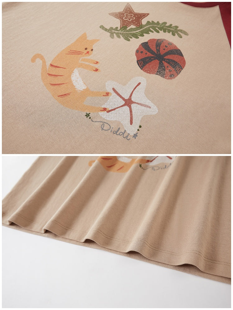 Ocean Floating Kitten Print Thin Raglan Sleeve Contrasting Loose T-Shirt【s0000013779】