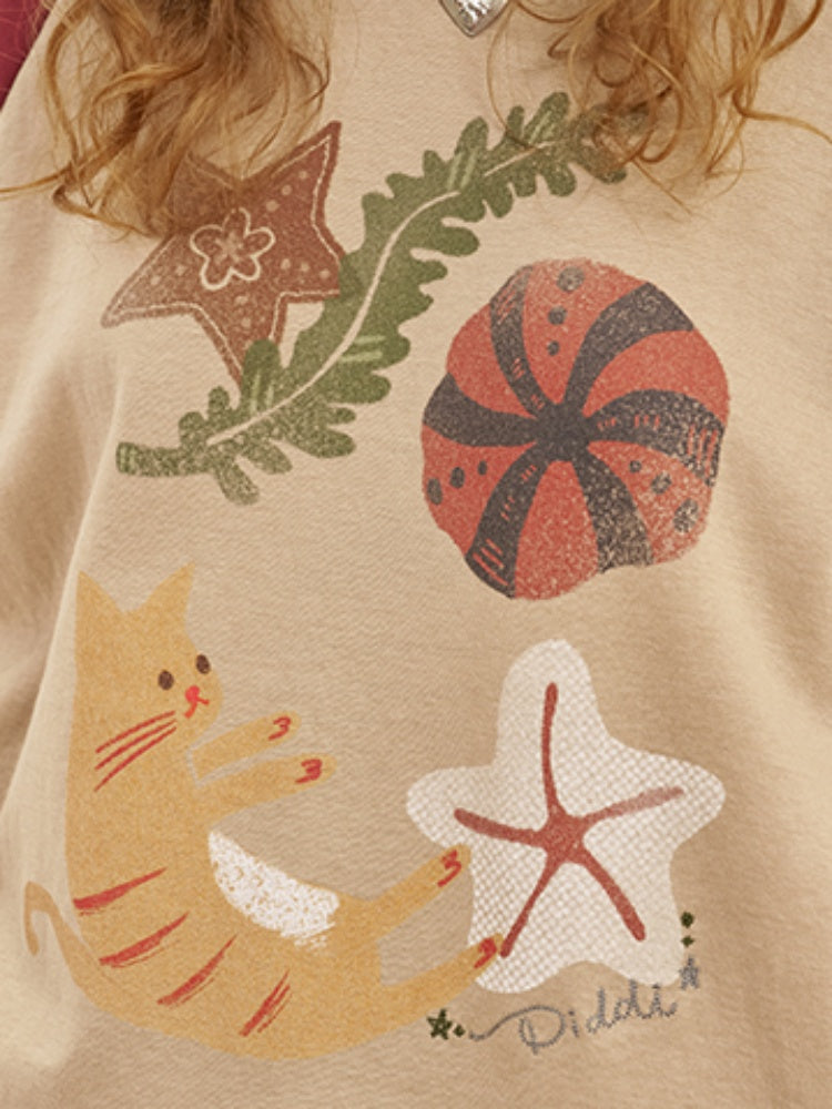 Ocean Floating Kitten Print Thin Raglan Sleeve Contrasting Loose T-Shirt【s0000013779】