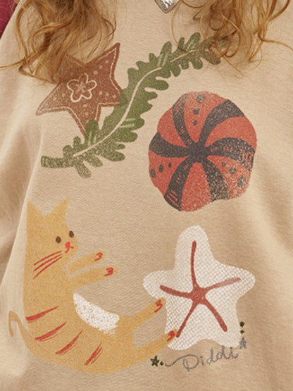 Ocean Floating Kitten Print Thin Raglan Sleeve Contrasting Loose T-Shirt【s0000013779】