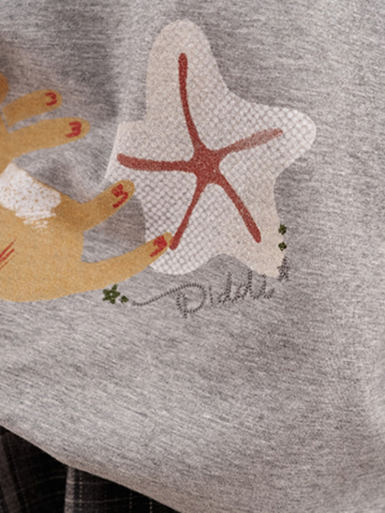 Ocean Floating Kitten Print Thin Raglan Sleeve Contrasting Loose T-Shirt【s0000013779】
