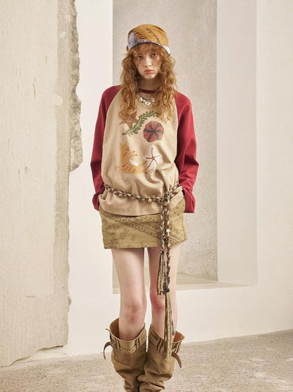 Ocean Floating Kitten Print Thin Raglan Sleeve Contrasting Loose T-Shirt【s0000013779】