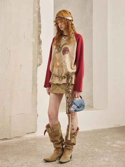 Ocean Floating Kitten Print Thin Raglan Sleeve Contrasting Loose T-Shirt【s0000013779】