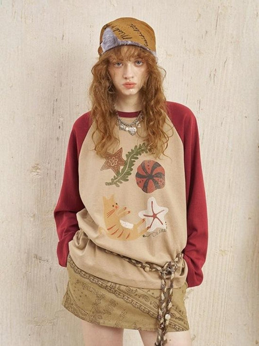 Ocean Floating Kitten Print Thin Raglan Sleeve Contrasting Loose T-Shirt【s0000013779】