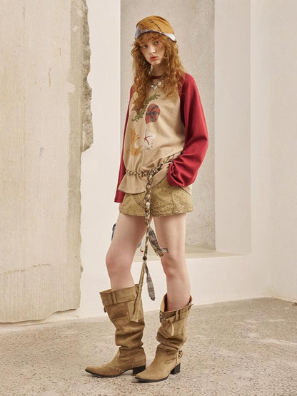 Ocean Floating Kitten Print Thin Raglan Sleeve Contrasting Loose T-Shirt【s0000013779】