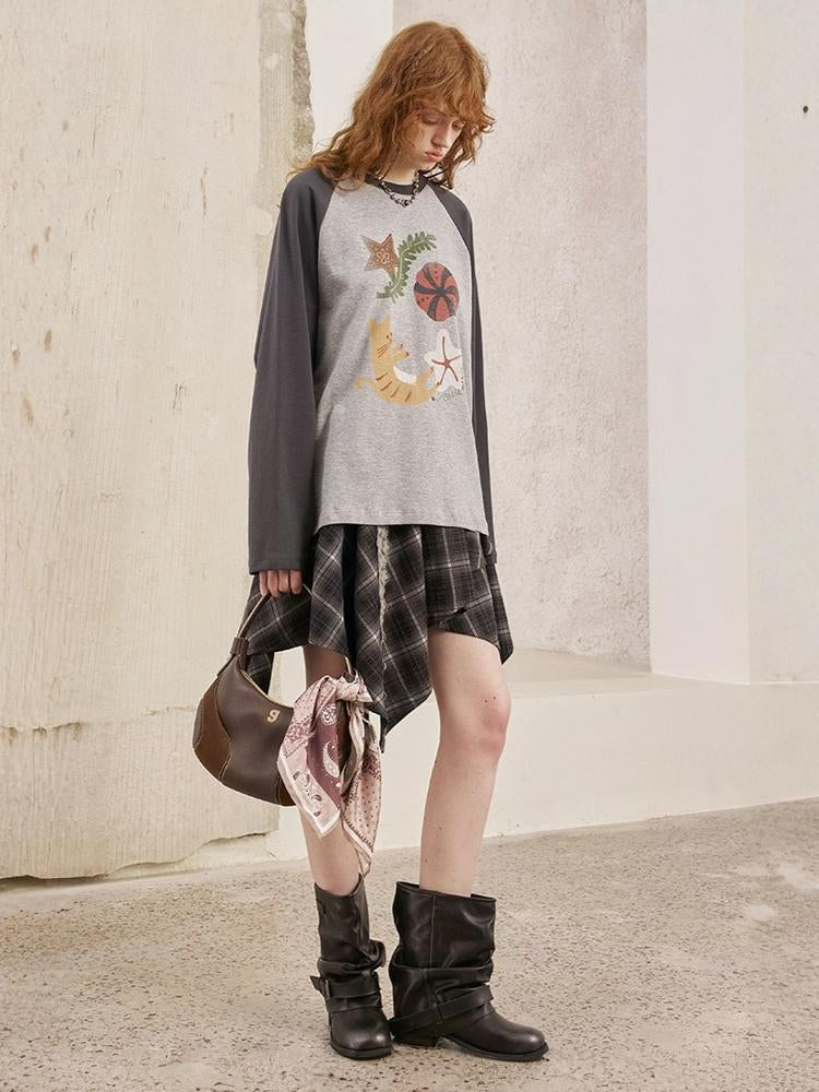 Ocean Floating Kitten Print Thin Raglan Sleeve Contrasting Loose T-Shirt【s0000013779】