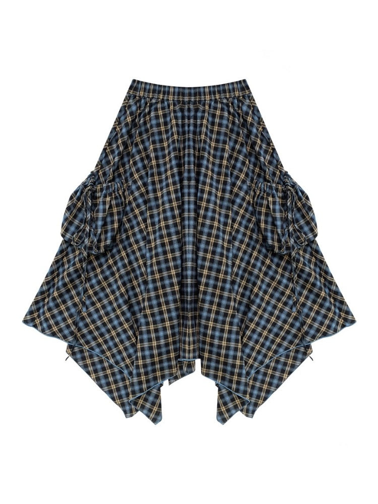 Plaid High Waist Drawstring Pocket Irregular Maxi Skirt