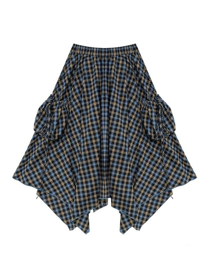 Plaid High Waist Drawstring Pocket Irregular Maxi Skirt【s0000013780】